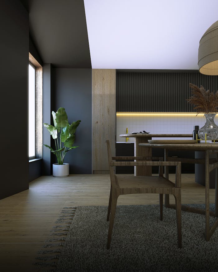 Home Sleek kitchen with wooden furniture and greenery showcasing minimalist style.
