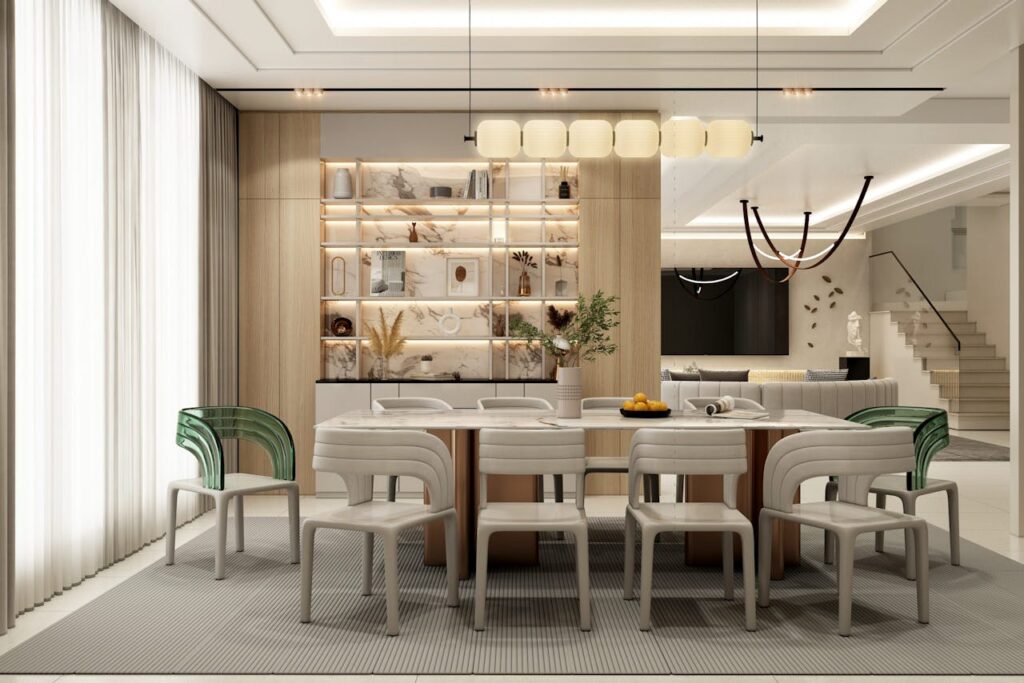pexels photo 28853347 Sophisticated modern dining area featuring chic furniture and ambient lighting.