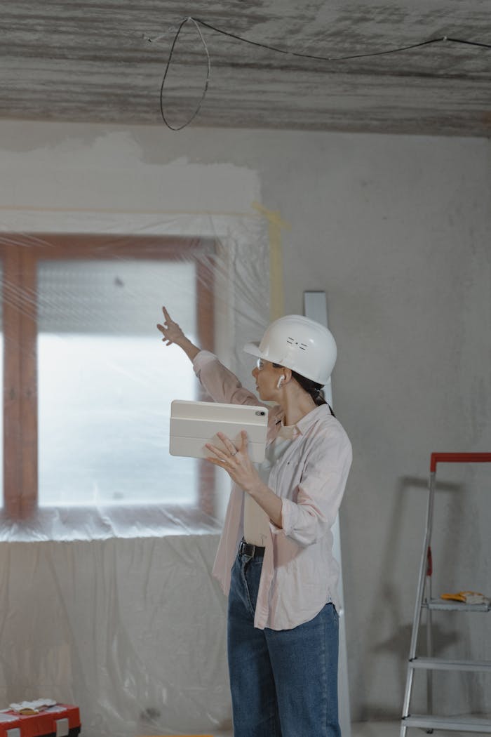 Home Woman in hard hat using tablet to oversee home renovation in a partially completed room.